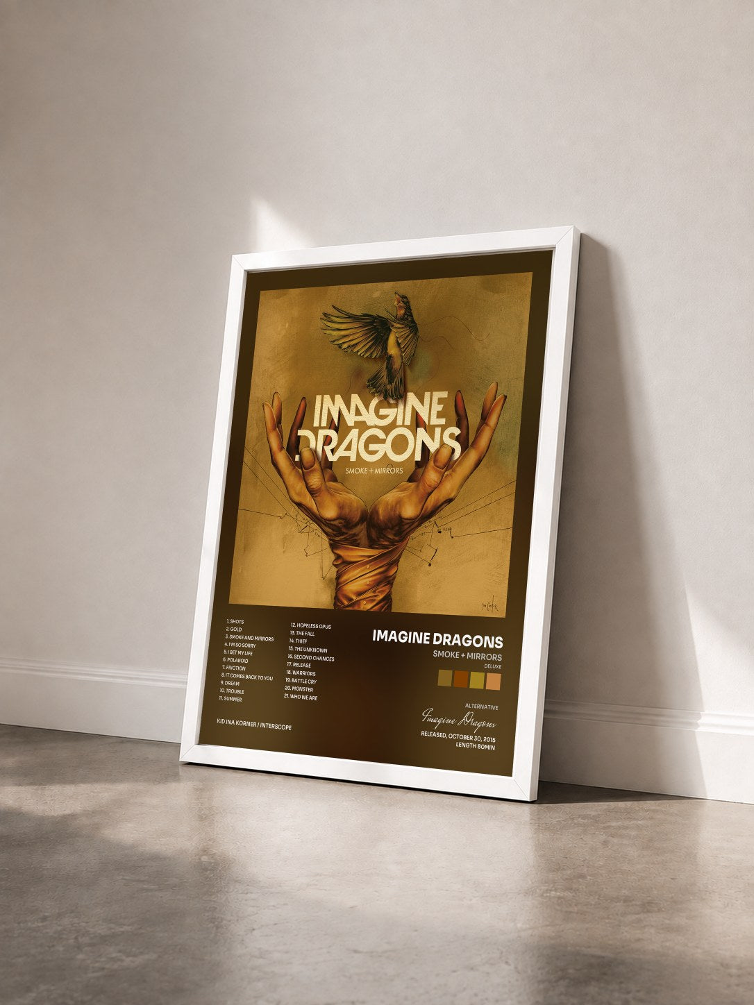 #blanc Smoke + Mirrors (Deluxe) by Imagine Dragons as a framed art print seen at an angle, white frame