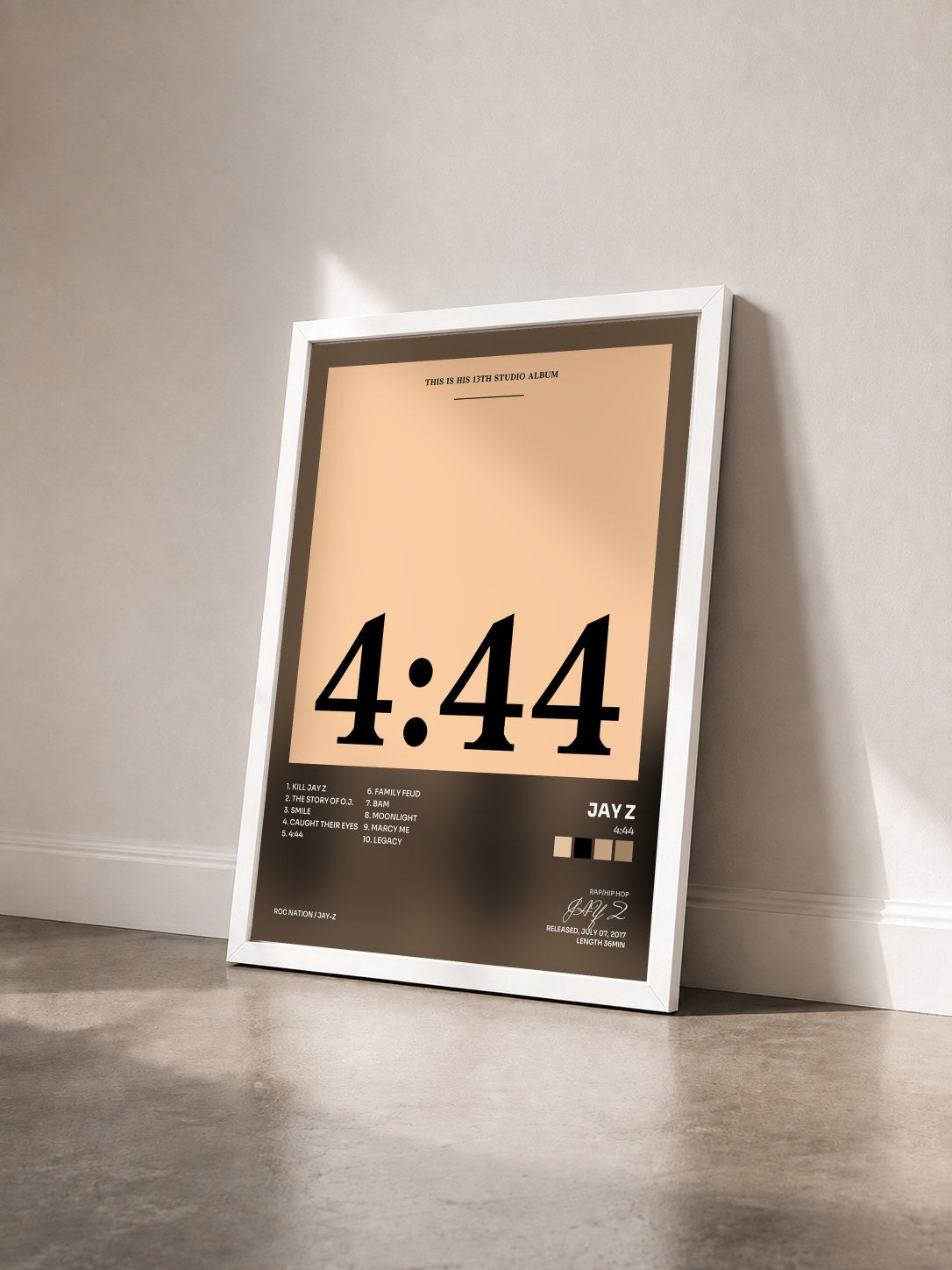 #blanc Tableau de l'album 4:44 de JAY Z vu de trois quarts, cadre blanc