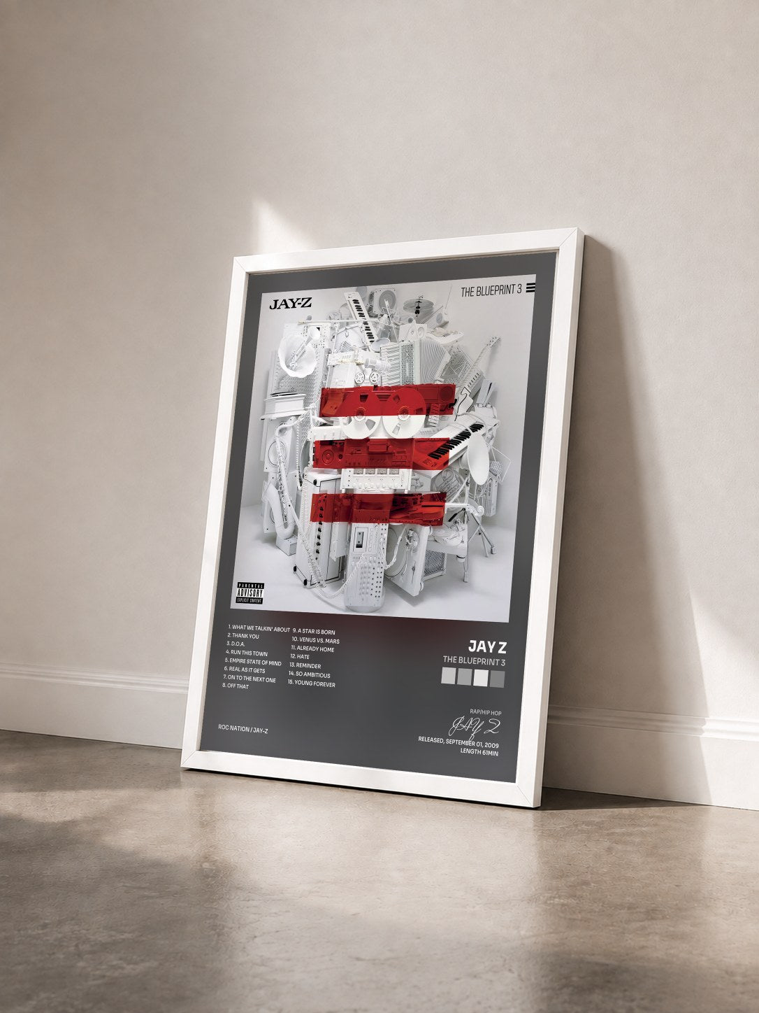 #blanc Tableau de l'album The Blueprint 3 de JAY Z vu de trois quarts, cadre blanc