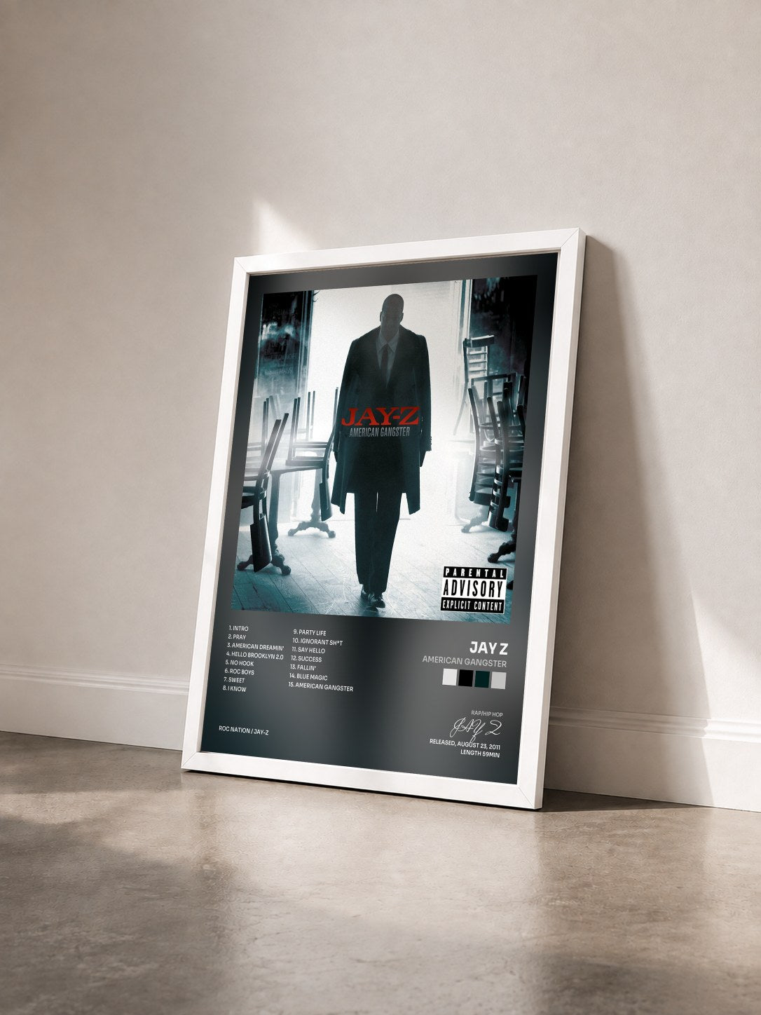 #blanc Tableau de l'album American Gangster de JAY Z vu de trois quarts, cadre blanc