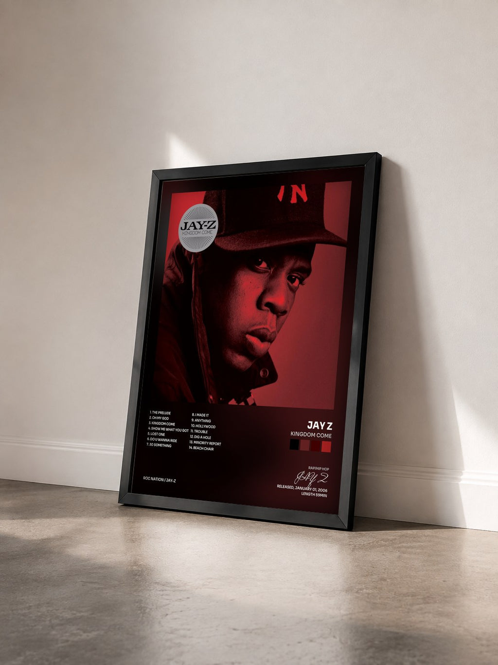 #noir Tableau de l'album Kingdom Come de JAY Z vu de trois quarts, cadre noir