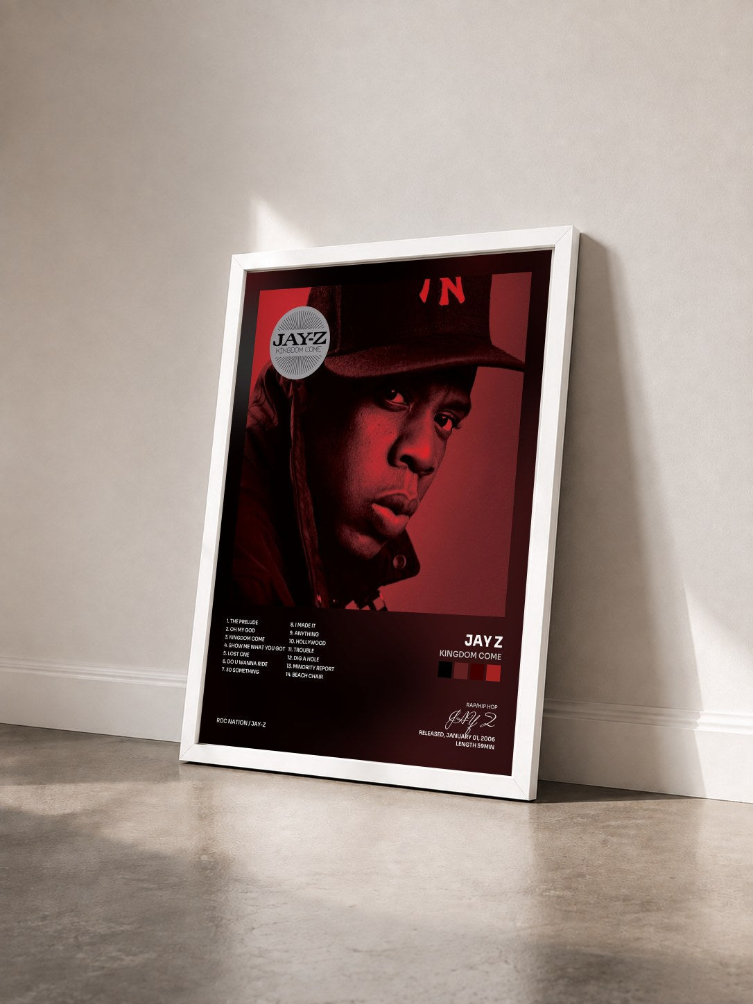 #blanc Tableau de l'album Kingdom Come de JAY Z vu de trois quarts, cadre blanc