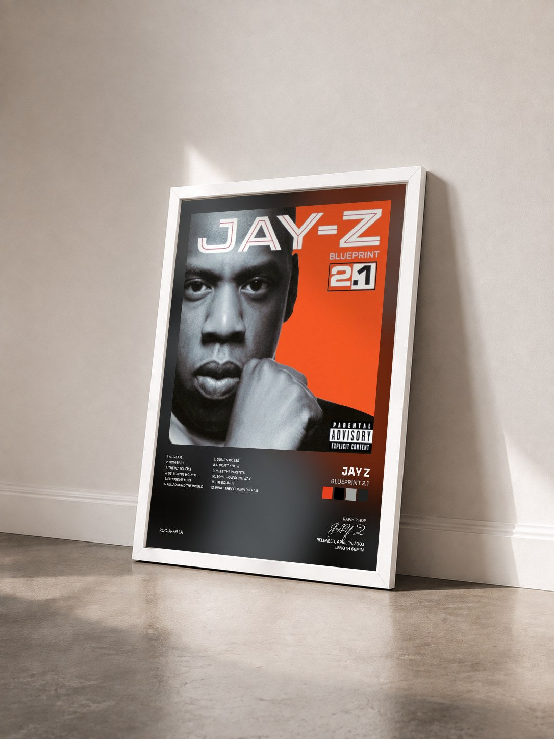 #blanc Tableau de l'album Blueprint 2.1 de JAY Z vu de trois quarts, cadre blanc