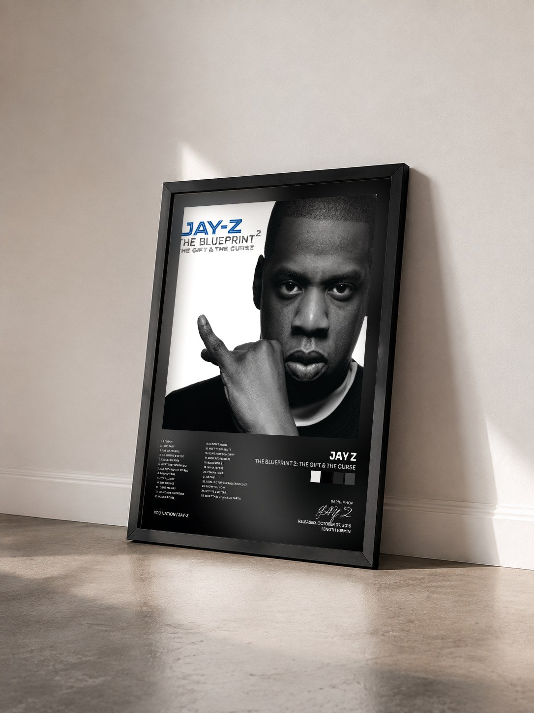 #noir Tableau de l'album The Blueprint 2: The Gift & The Curse de JAY Z vu de trois quarts, cadre noir