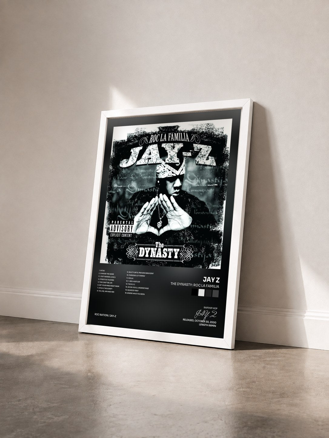 #blanc Tableau de l'album The Dynasty: Roc La Familia de JAY Z vu de trois quarts, cadre blanc