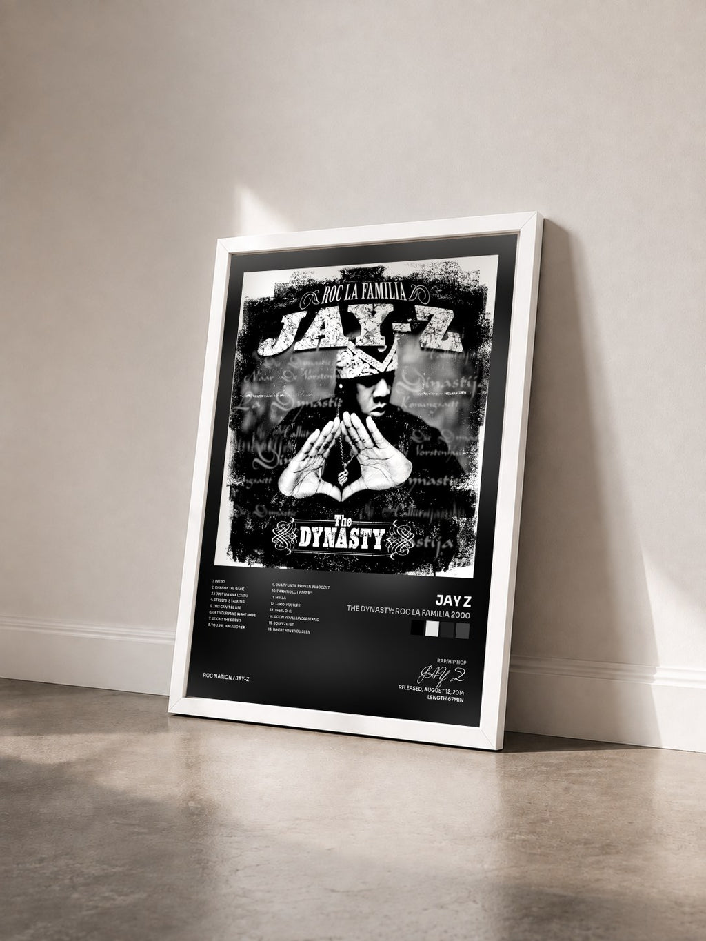 #blanc Tableau de l'album The Dynasty: Roc La Familia 2000 de JAY Z vu de trois quarts, cadre blanc