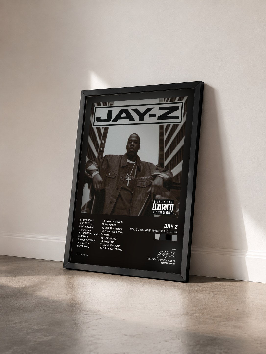 #noir Tableau de l'album Vol. 3... Life And Times Of S. Carter de JAY Z vu de trois quarts, cadre noir