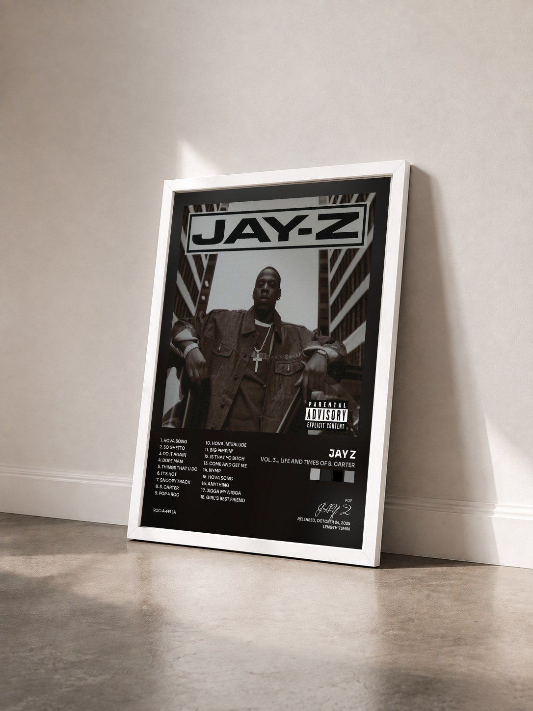 #blanc Tableau de l'album Vol. 3... Life And Times Of S. Carter de JAY Z vu de trois quarts, cadre blanc