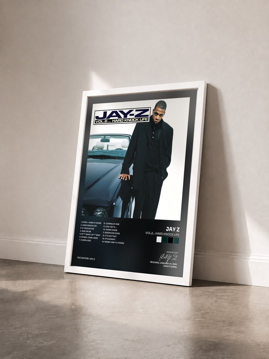 #blanc Vol.2... Hard Knock Life by JAY Z as a framed art print seen at an angle, white frame