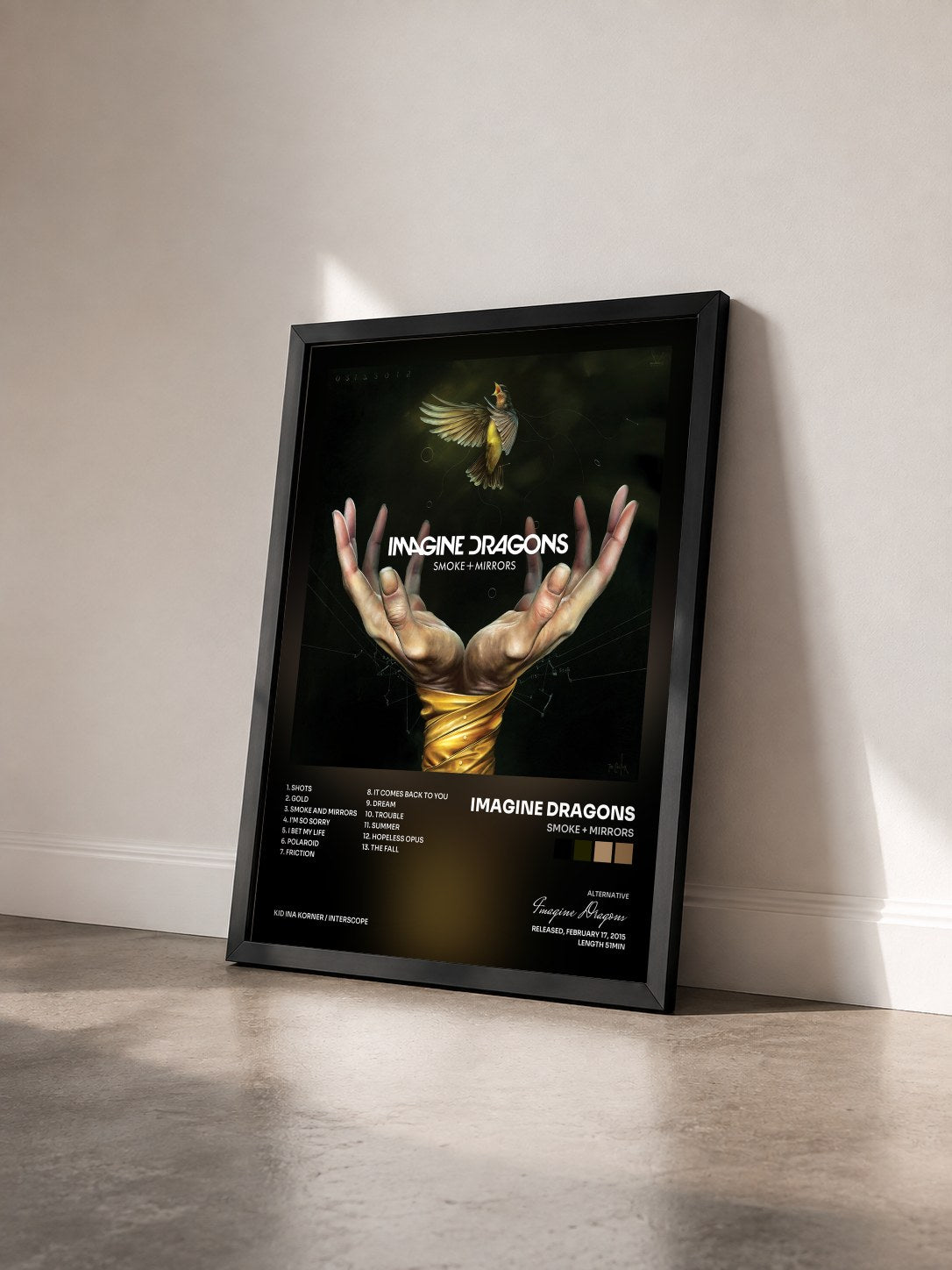 #noir Smoke + Mirrors by Imagine Dragons as a framed art print seen at an angle, black frame