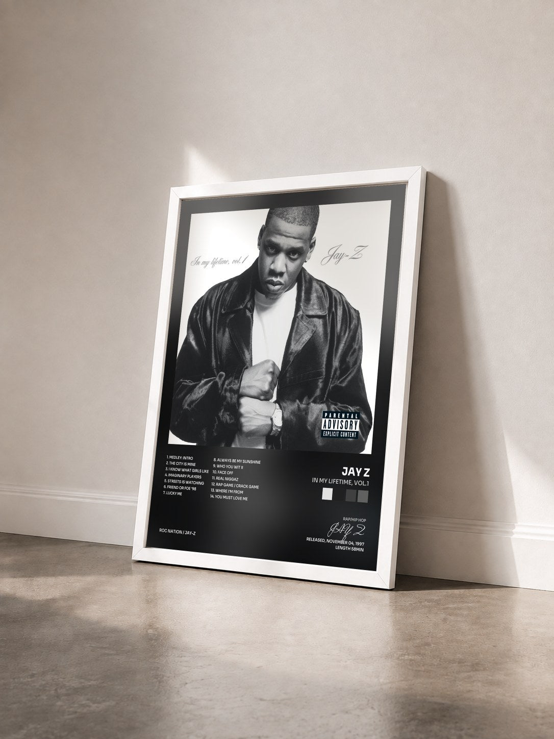 #blanc Tableau de l'album In My Lifetime, Vol.1 de JAY Z vu de trois quarts, cadre blanc