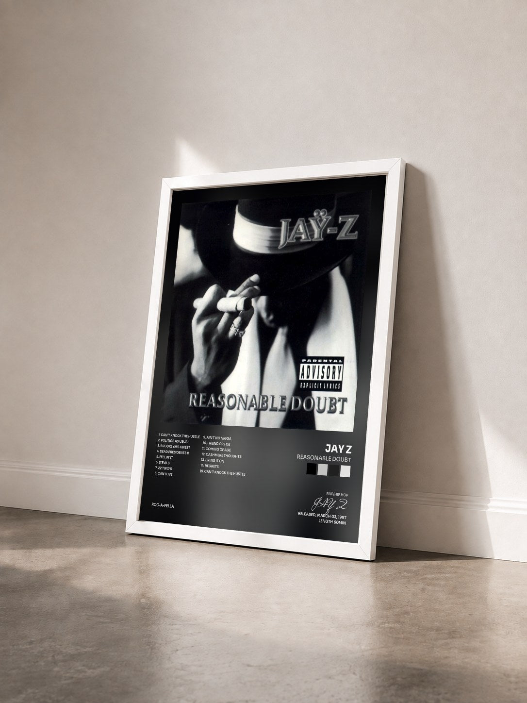 #blanc Tableau de l'album Reasonable Doubt de JAY Z vu de trois quarts, cadre blanc