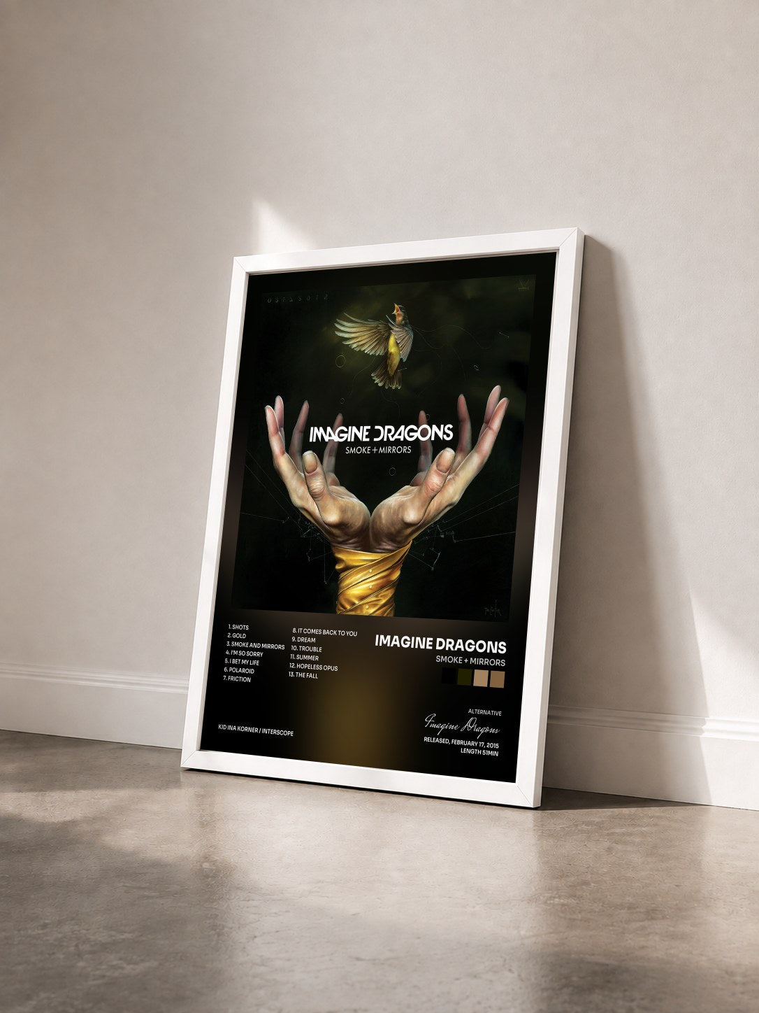 #blanc Smoke + Mirrors by Imagine Dragons as a framed art print seen at an angle, white frame