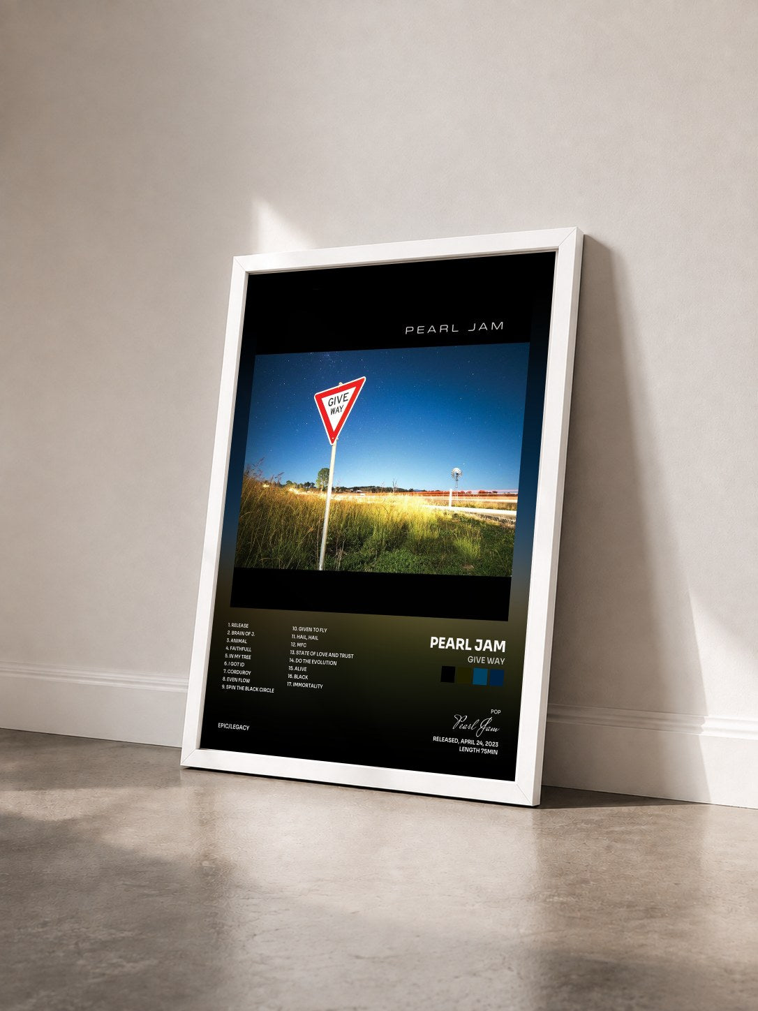 #blanc Tableau de l'album Give Way de Pearl Jam vu de trois quarts, cadre blanc