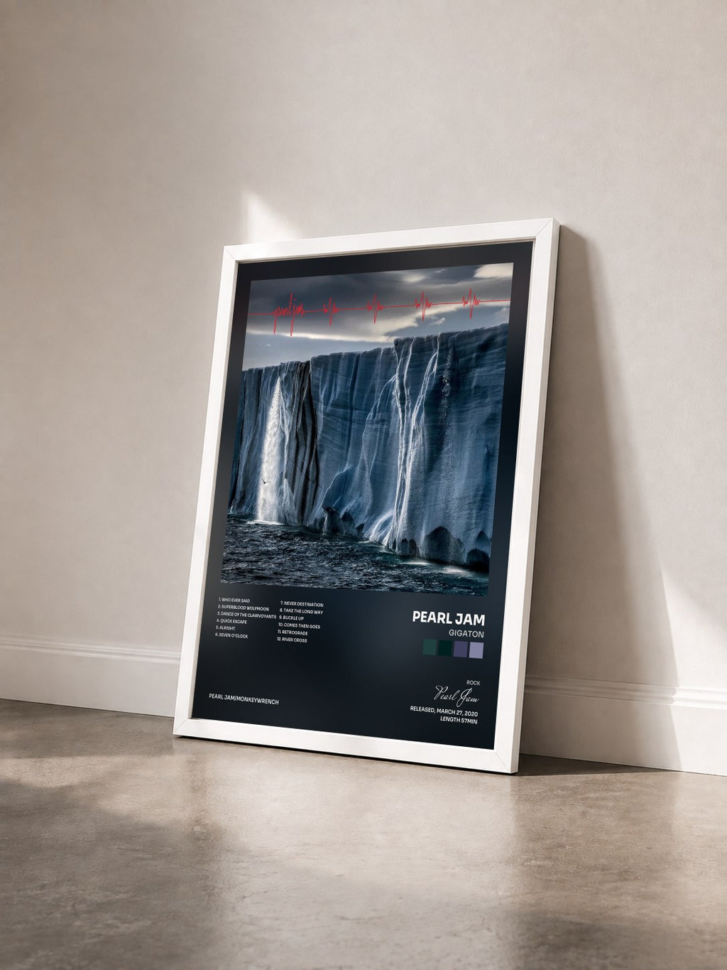 #blanc Tableau de l'album Gigaton de Pearl Jam vu de trois quarts, cadre blanc