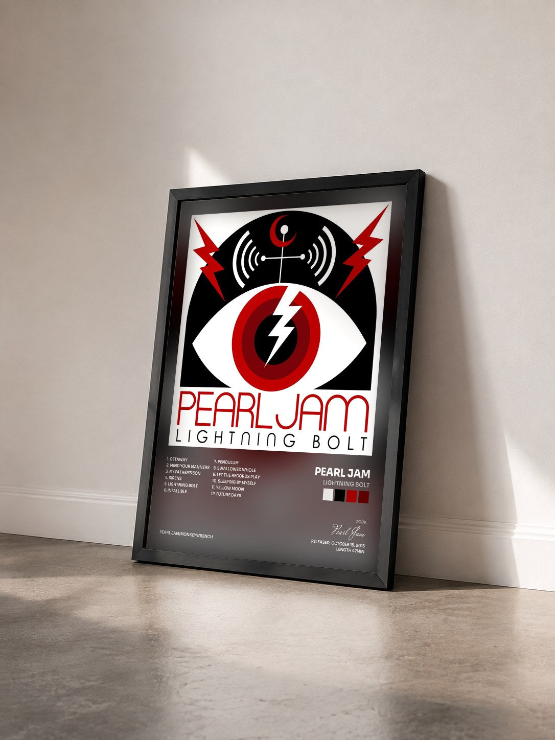 #noir Lightning Bolt by Pearl Jam as a framed art print seen at an angle, black frame