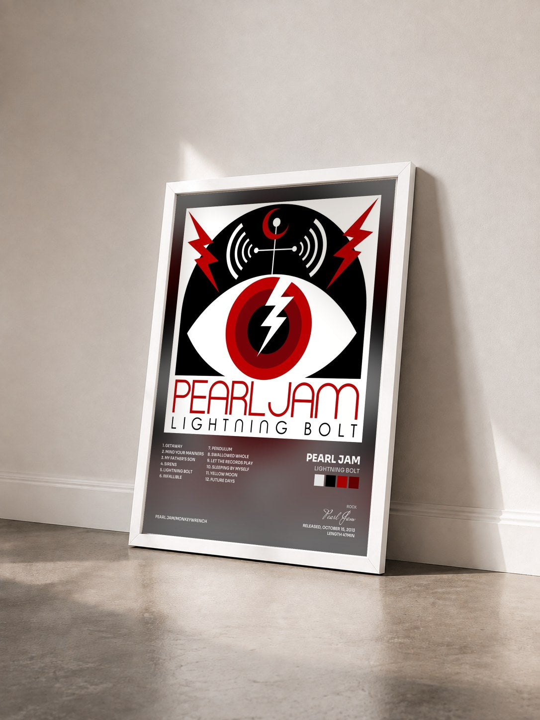 #blanc Lightning Bolt by Pearl Jam as a framed art print seen at an angle, white frame