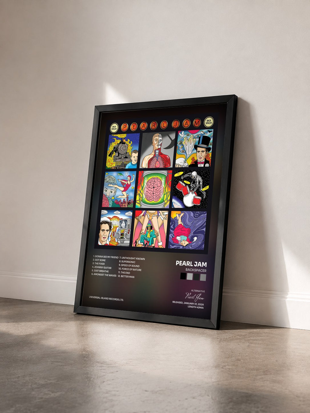 #noir Tableau de l'album Backspacer de Pearl Jam vu de trois quarts, cadre noir