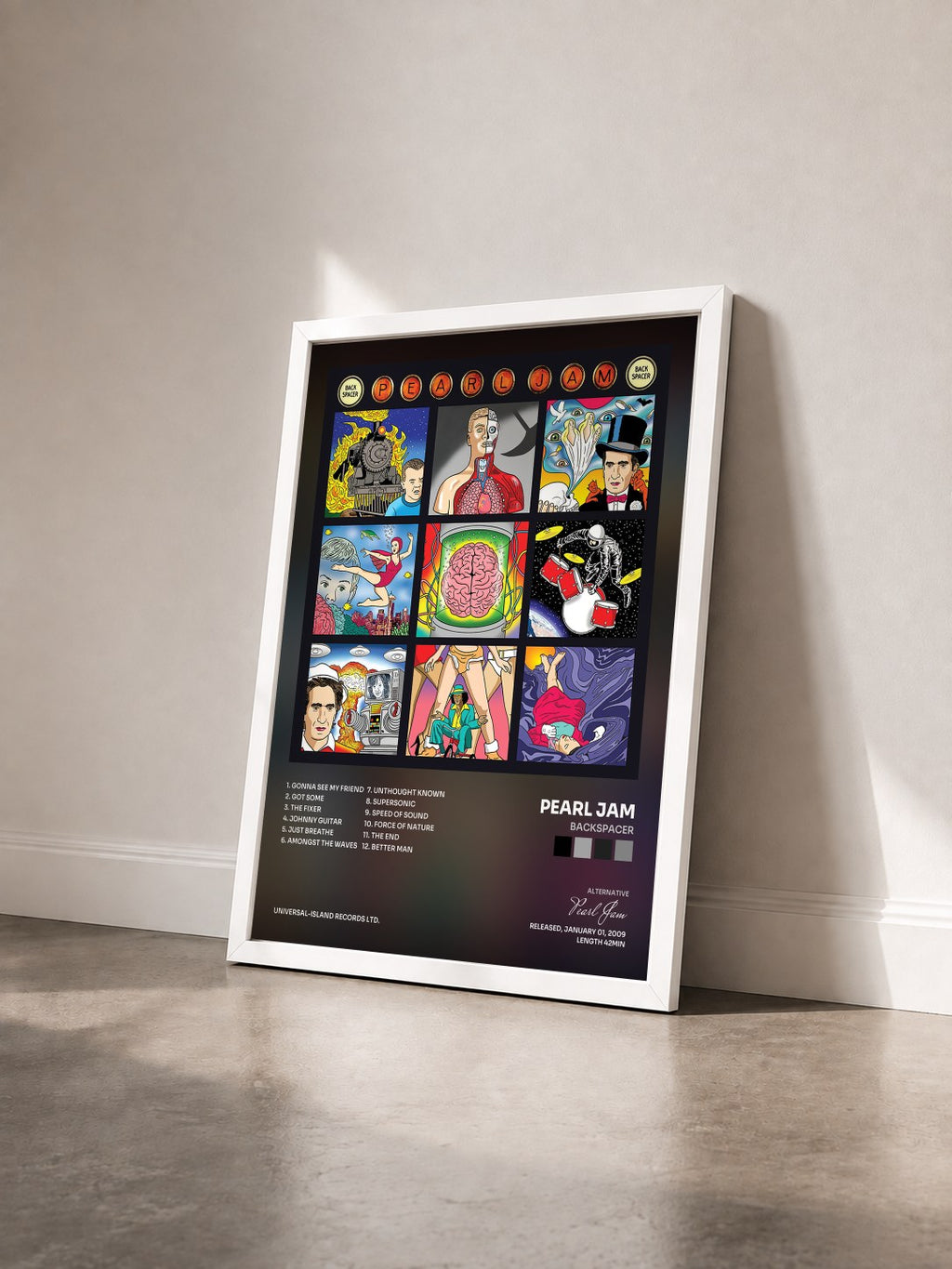 #blanc Tableau de l'album Backspacer de Pearl Jam vu de trois quarts, cadre blanc