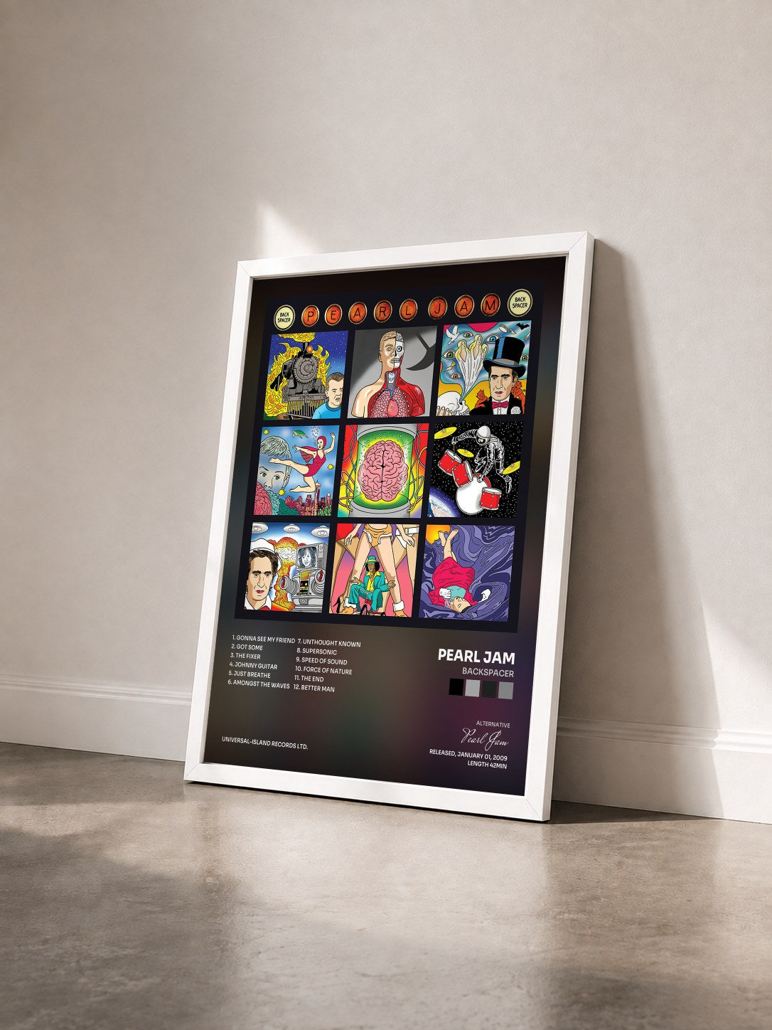 #blanc Tableau de l'album Backspacer de Pearl Jam vu de trois quarts, cadre blanc