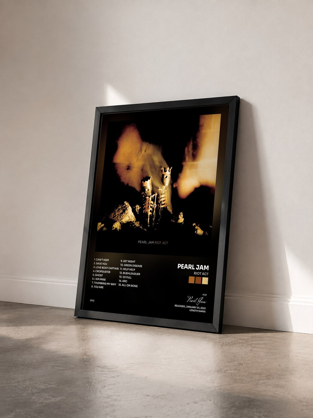 #noir Tableau de l'album Riot Act de Pearl Jam vu de trois quarts, cadre noir