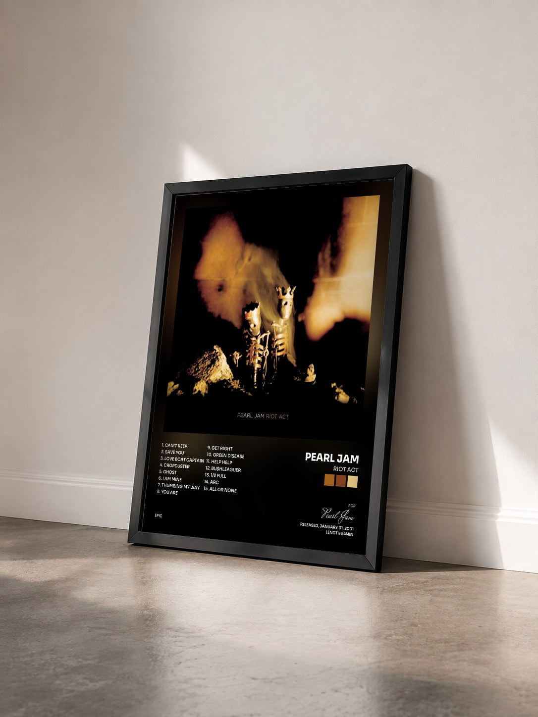 #noir Tableau de l'album Riot Act de Pearl Jam vu de trois quarts, cadre noir