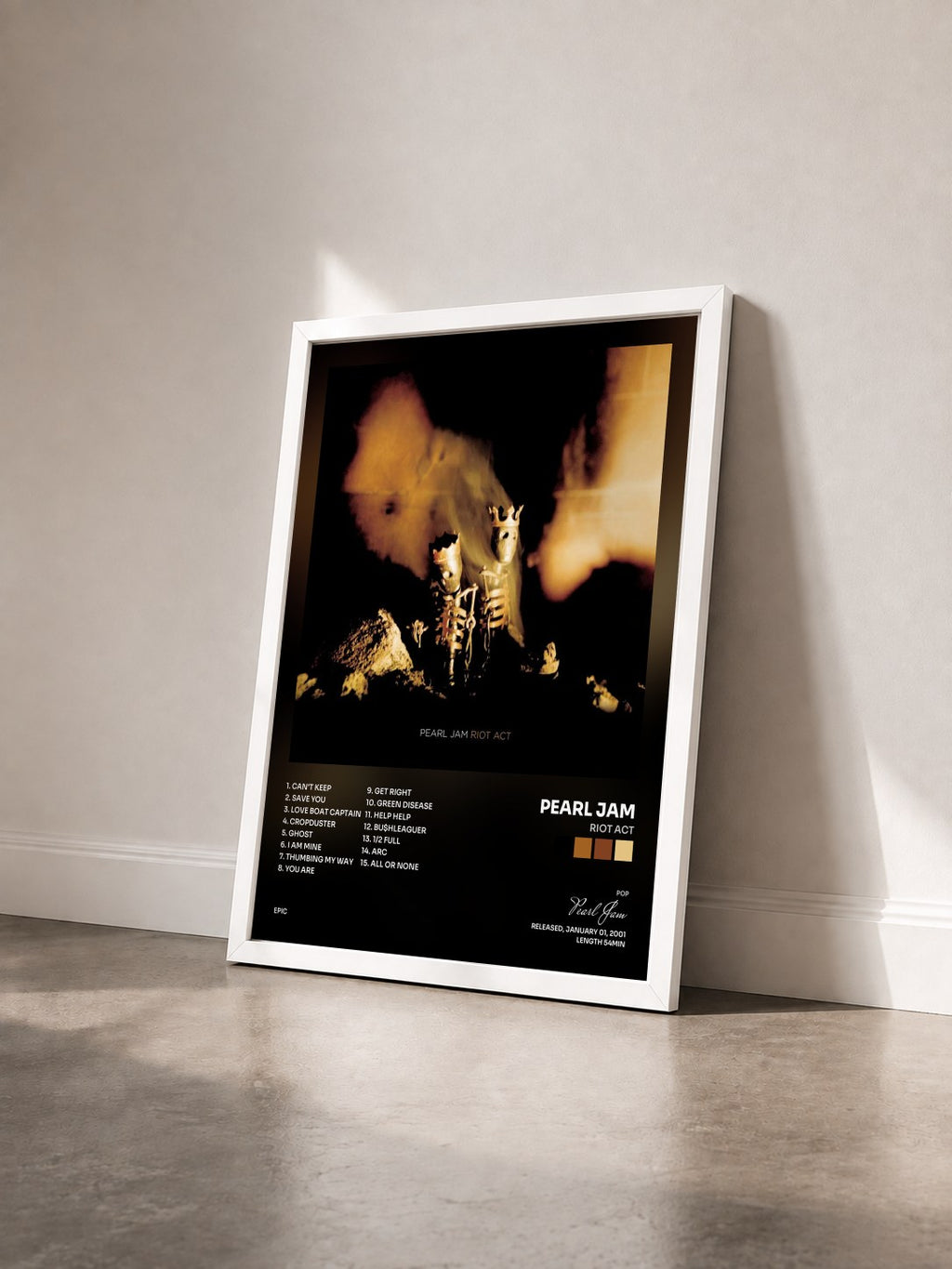 #blanc Tableau de l'album Riot Act de Pearl Jam vu de trois quarts, cadre blanc