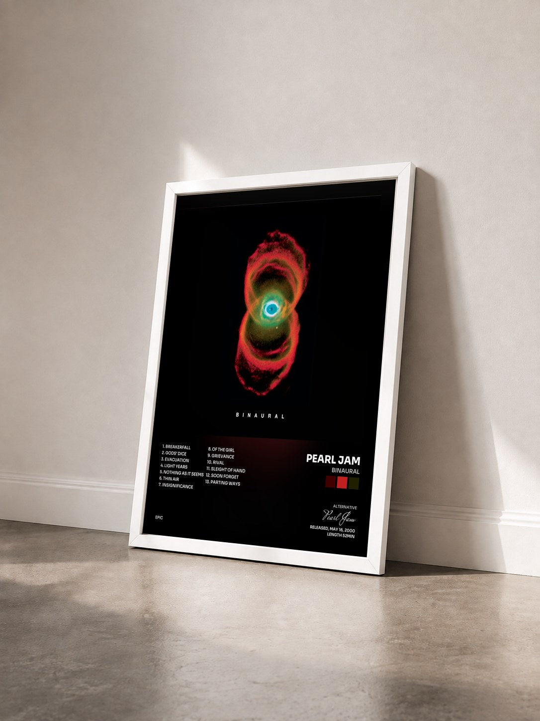 #blanc Tableau de l'album Binaural de Pearl Jam vu de trois quarts, cadre blanc