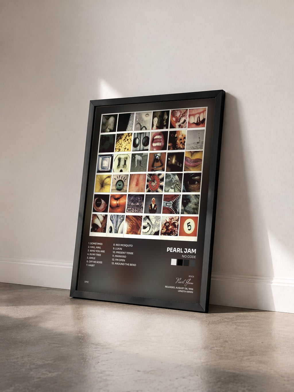 #noir Tableau de l'album No Code de Pearl Jam vu de trois quarts, cadre noir
