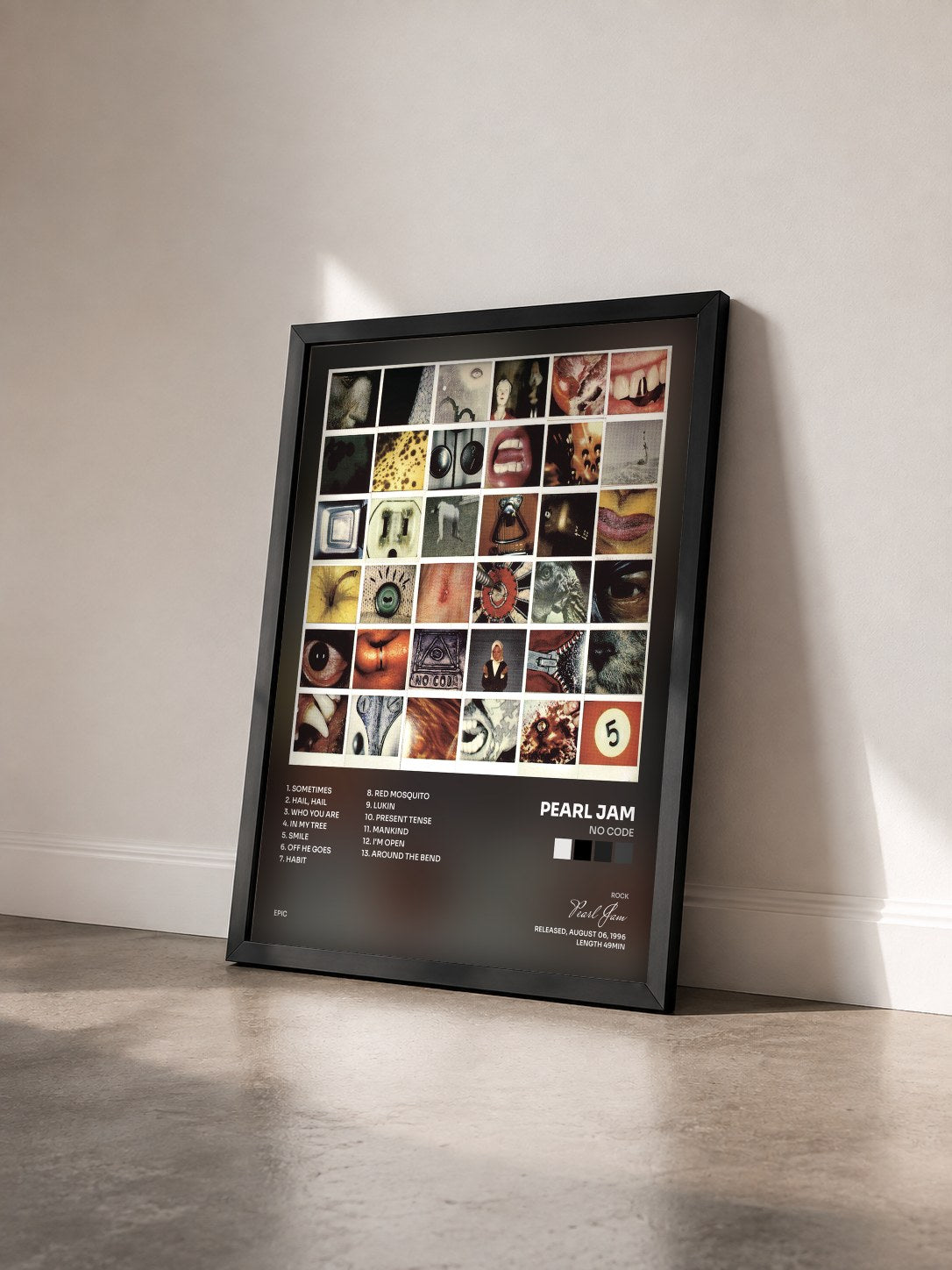 #noir Tableau de l'album No Code de Pearl Jam vu de trois quarts, cadre noir