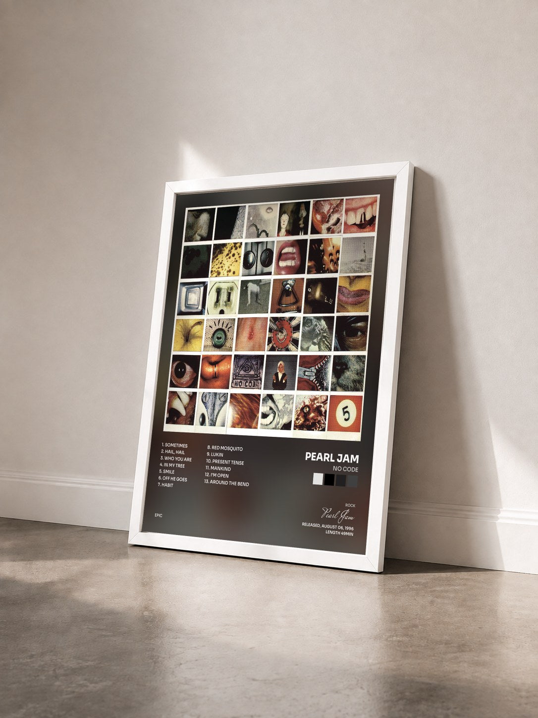#blanc Tableau de l'album No Code de Pearl Jam vu de trois quarts, cadre blanc