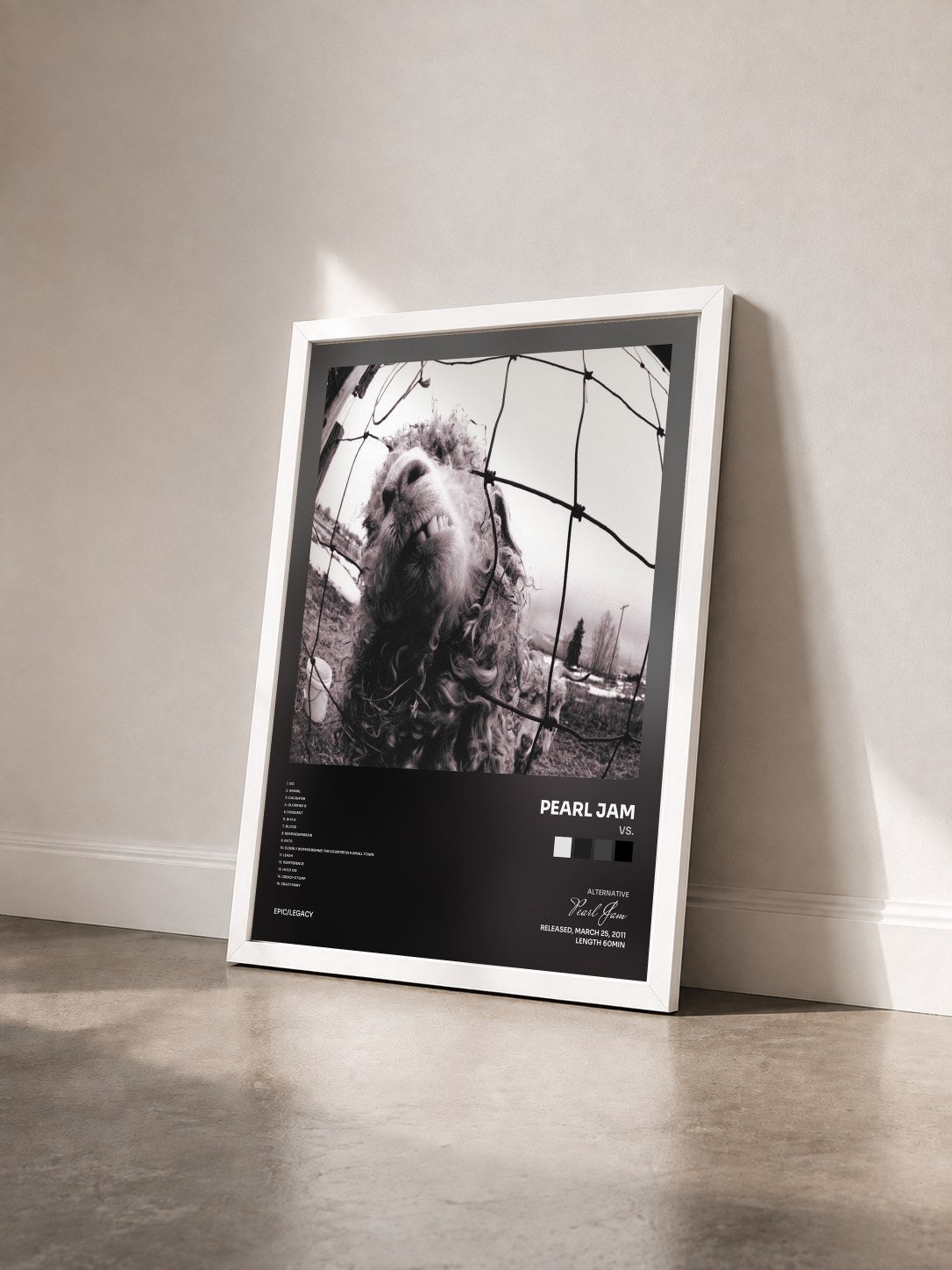 #blanc Vs. by Pearl Jam as a framed art print seen at an angle, white frame