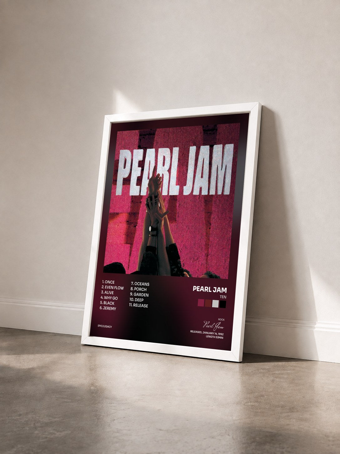#blanc Tableau de l'album Ten de Pearl Jam vu de trois quarts, cadre blanc