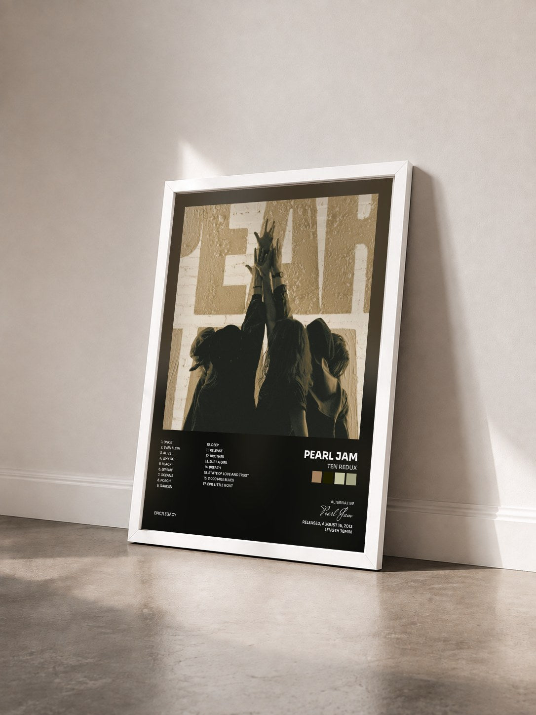 #blanc Tableau de l'album Ten Redux de Pearl Jam vu de trois quarts, cadre blanc