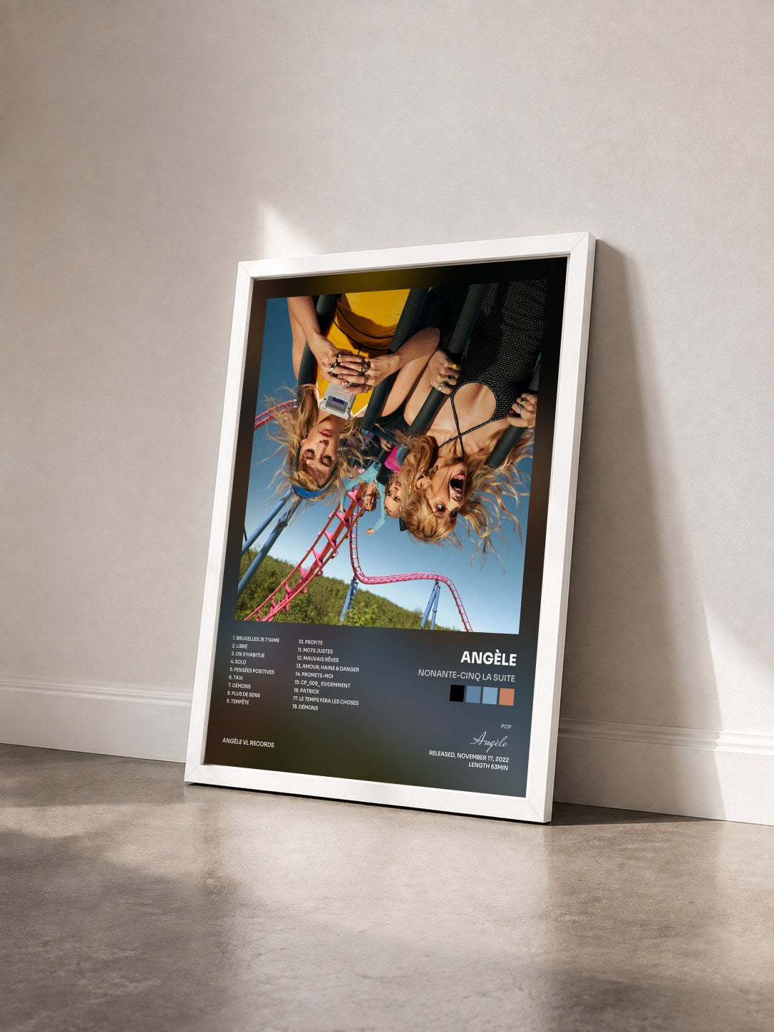 #blanc Nonante-Cinq La Suite by Angèle as a framed art print seen at an angle, white frame
