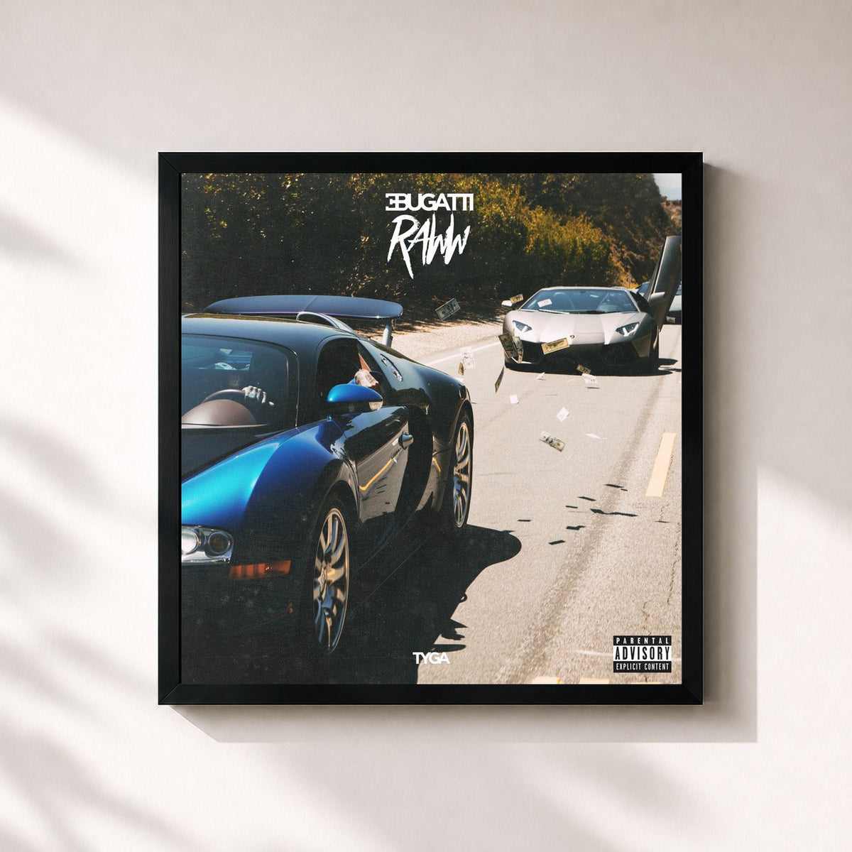 #noir Tableau carré de l'album Bugatti Raww de Tyga, cadre noir 32x32 cm