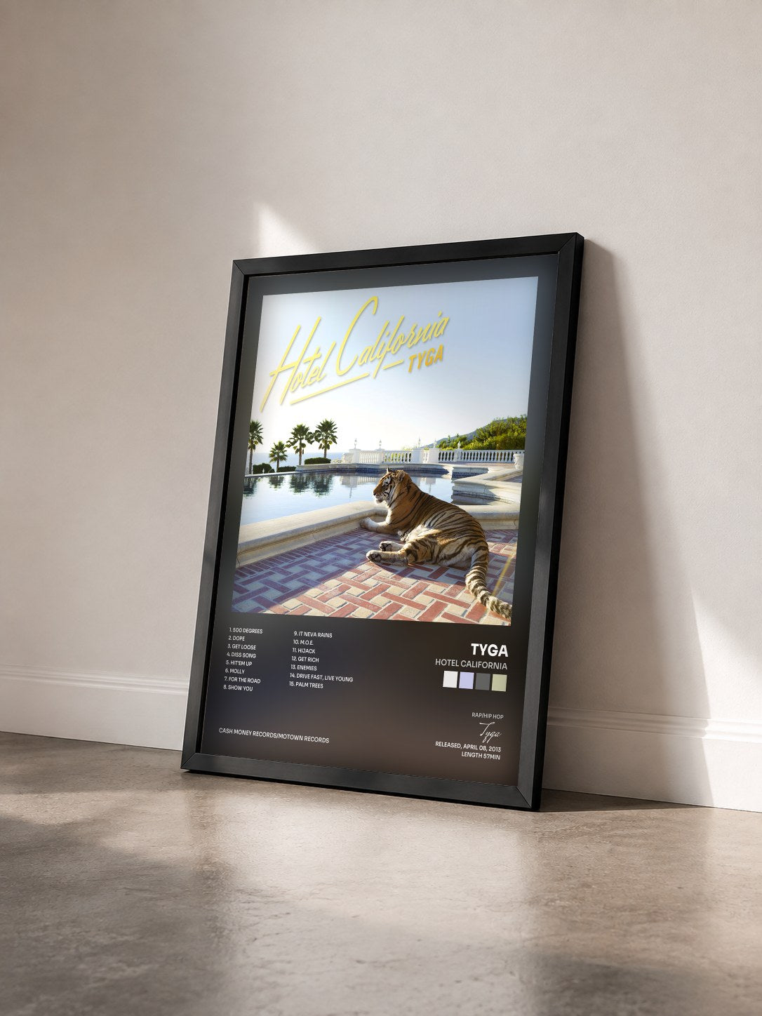 #noir Hotel California by Tyga as a framed art print seen at an angle, black frame