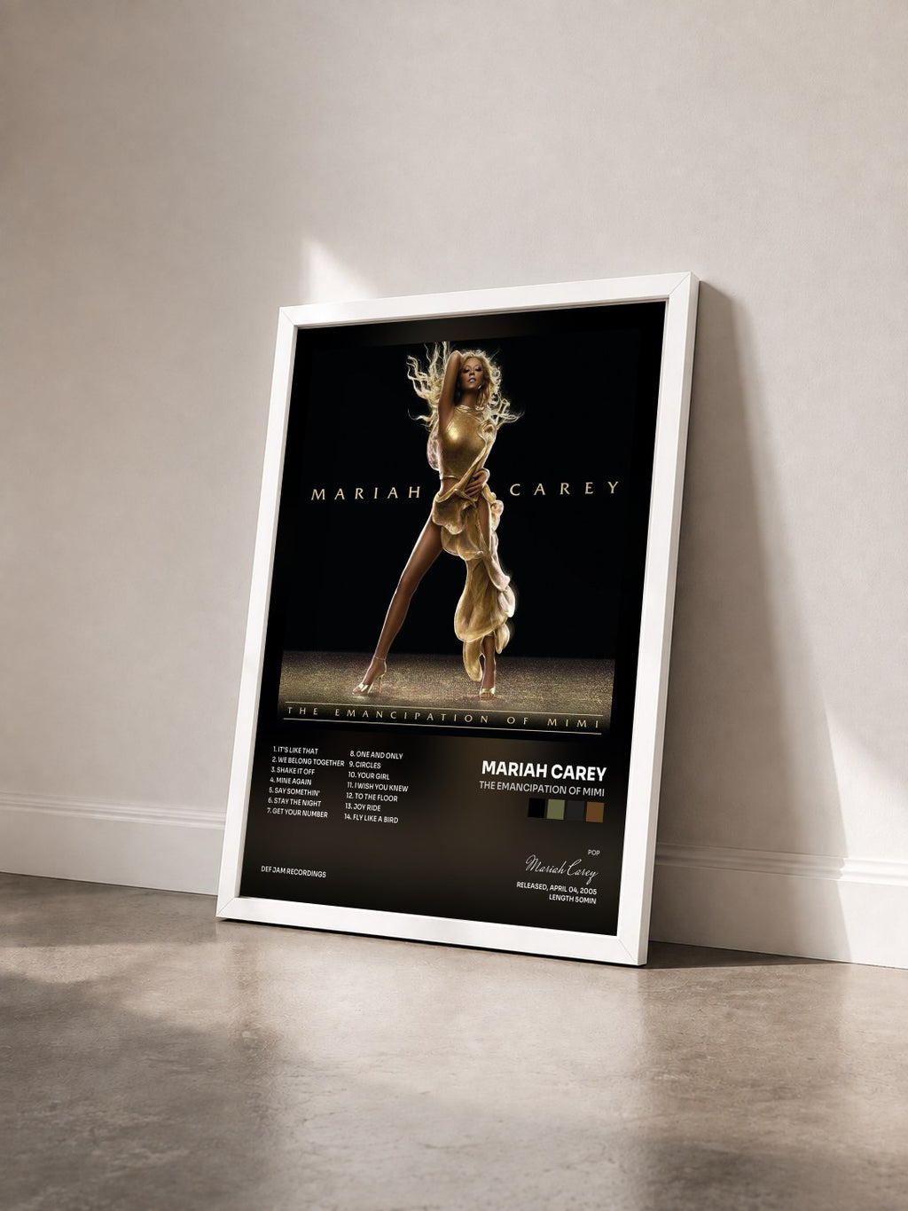 #blanc Tableau de l'album The Emancipation of Mimi de Mariah Carey vu de trois quarts, cadre blanc