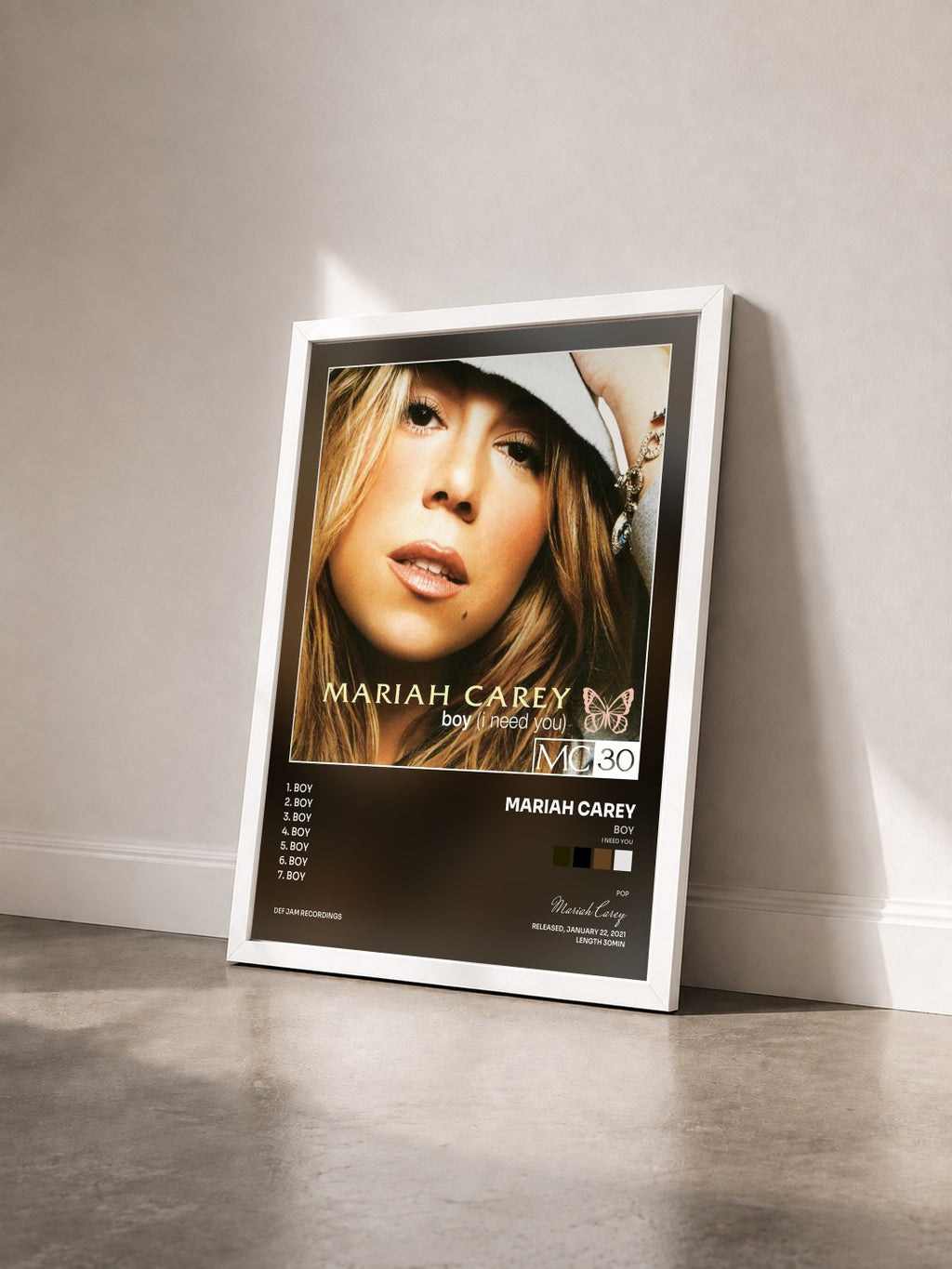 #blanc Tableau de l'album Boy (I Need You) - EP de Mariah Carey vu de trois quarts, cadre blanc