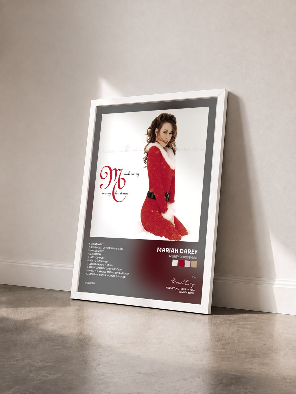#blanc Merry Christmas by Mariah Carey as a framed art print seen at an angle, white frame