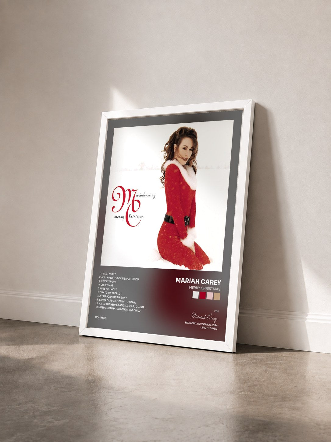#blanc Tableau de l'album Merry Christmas de Mariah Carey vu de trois quarts, cadre blanc
