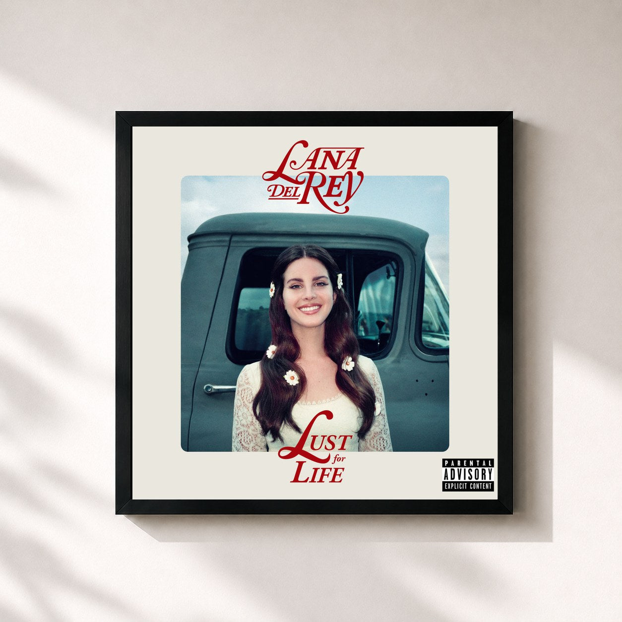 #noir Tableau carré de l'album Lust For Life de Lana Del Rey, cadre noir 32x32 cm