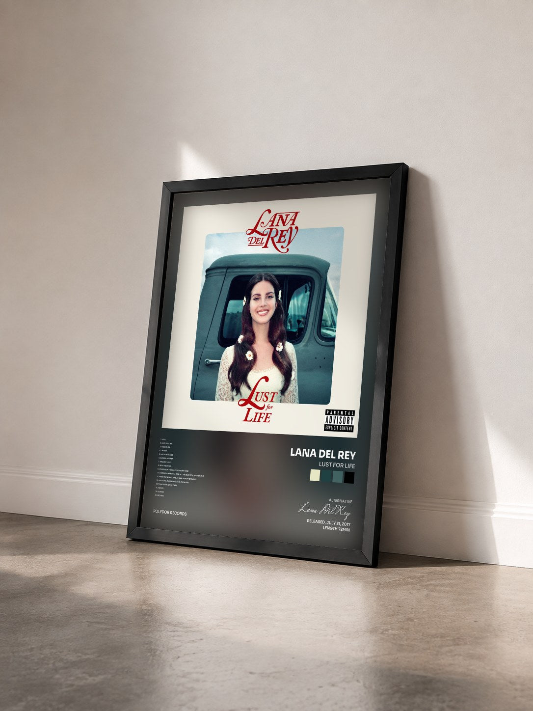 #noir Tableau de l'album Lust For Life de Lana Del Rey vu de trois quarts, cadre noir