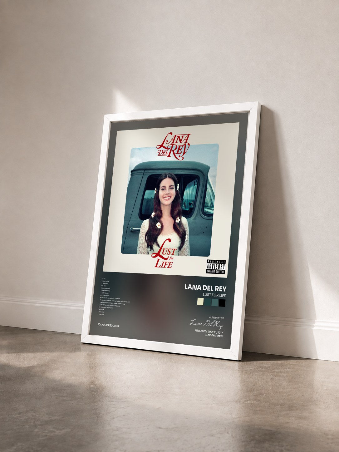 #blanc Tableau de l'album Lust For Life de Lana Del Rey vu de trois quarts, cadre blanc