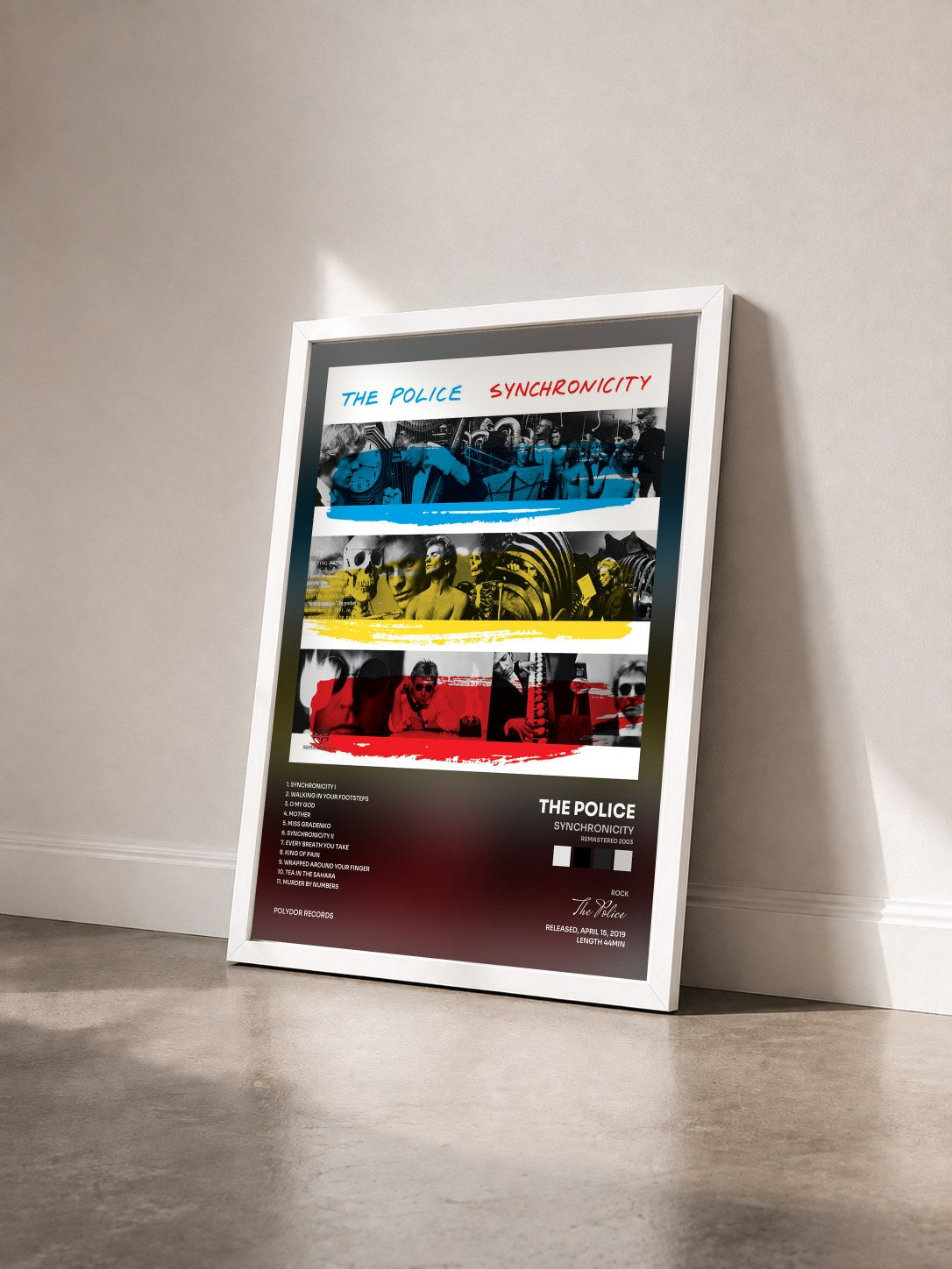 #blanc Synchronicity (Remastered 2003) von The Police als gerahmter Kunstdruck von schräg gesehen, weißer Rahmen