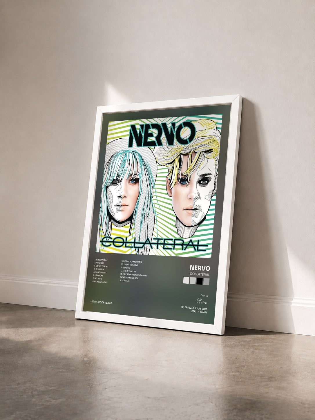 #blanc Tableau de l'album Collateral de Nervo vu de trois quarts, cadre blanc