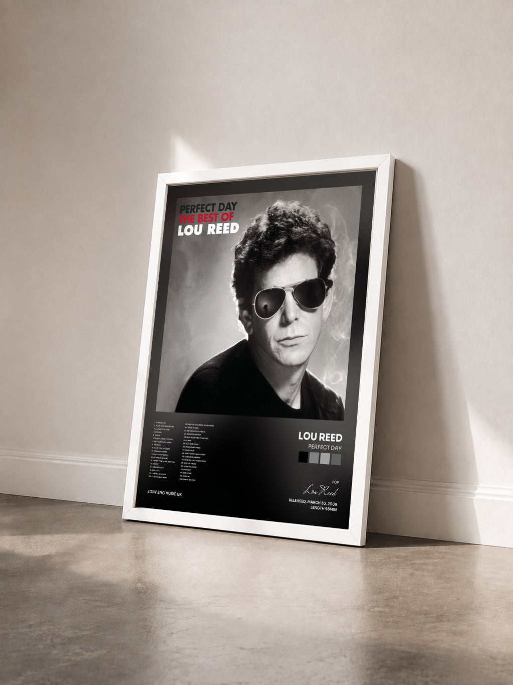#blanc Perfect Day by Lou Reed as a framed art print seen at an angle, white frame
