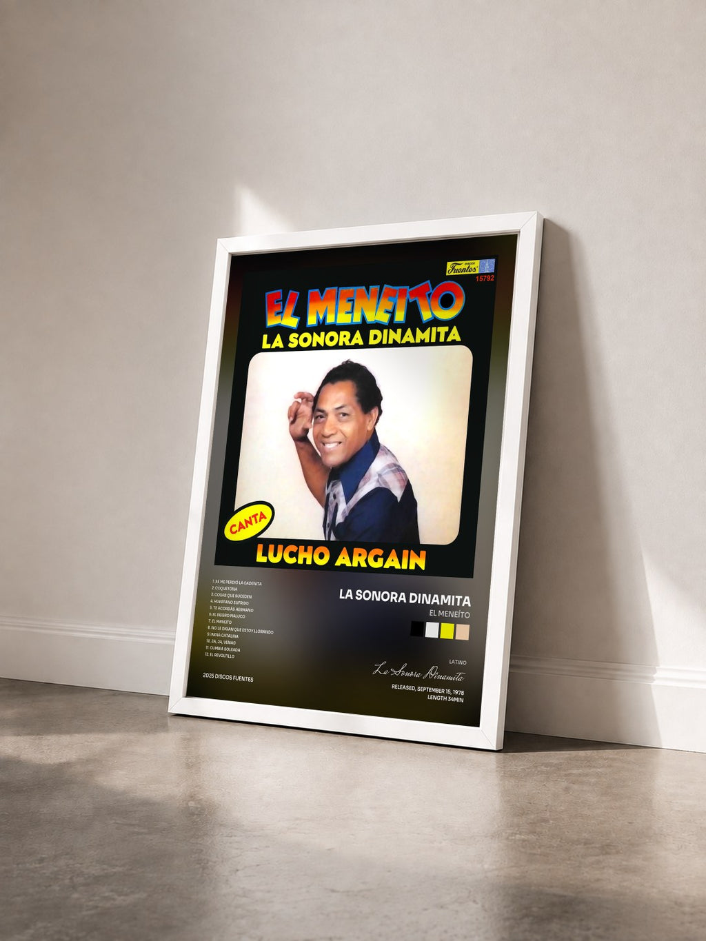 #blanc Tableau de l'album El Meneíto de La Sonora Dinamita vu de trois quarts, cadre blanc