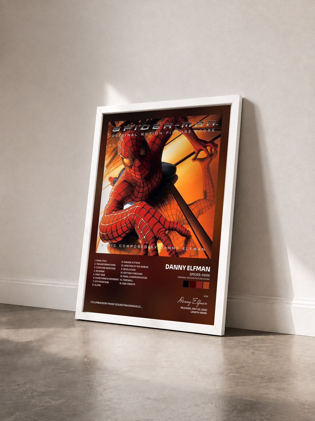 #blanc Tableau de l'album Spider-Man (Original Motion Picture Score) de Danny Elfman vu de trois quarts, cadre blanc