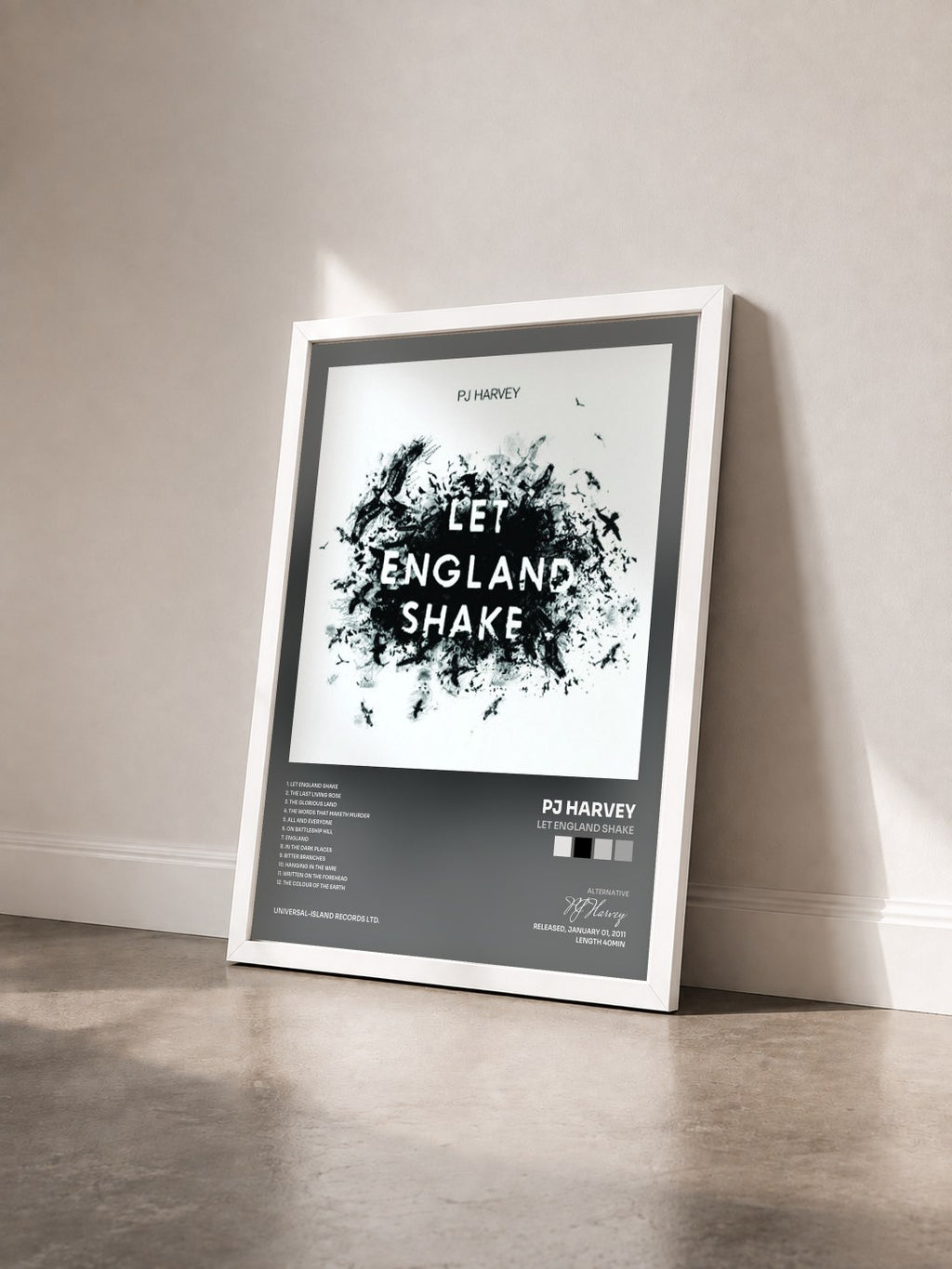 #blanc Tableau de l'album Let England Shake de PJ Harvey vu de trois quarts, cadre blanc